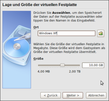 VirtualBox: Größe der virtuellen Festplatte angeben