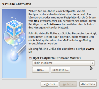 VirtualBox: Virtuelle Festplatte erzeugen