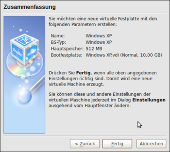 VirtualBox: Zusammenfassung der Einstellungen