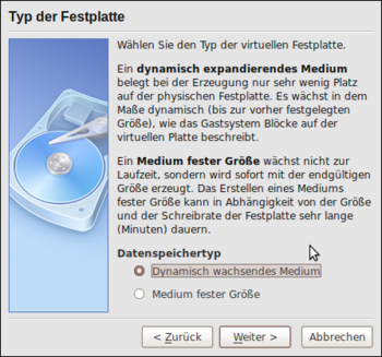 VirtualBox: Typ der Festplatte festlegen